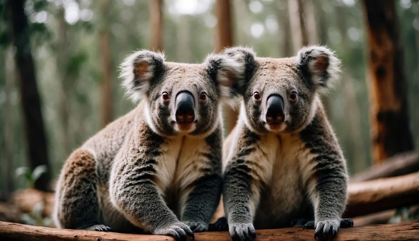 Koalas in danger, surrounded by deforestation and signs of habitat destruction