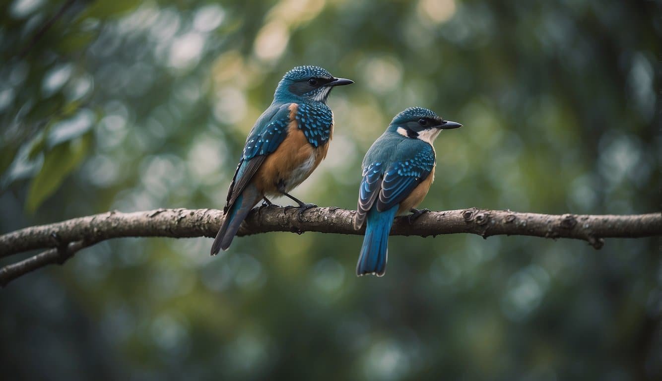 Blue-winged birds perched on a tree branch, with one bird in flight