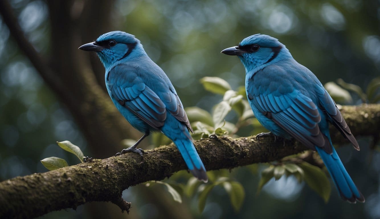 A bird with vibrant blue wings perched on a branch, surrounded by traditional cultural symbols