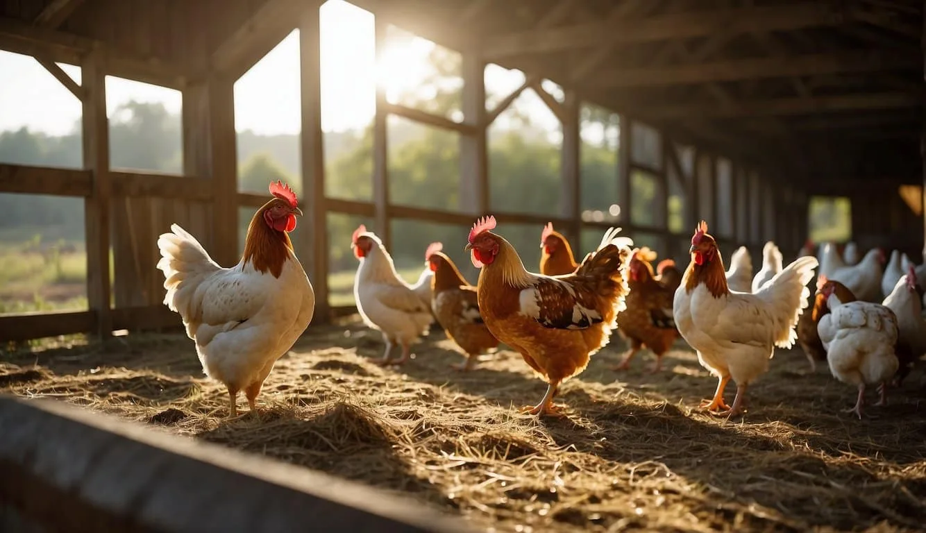 Chickens roam freely in a spacious, sunlit barn, with ample space to perch and nest. The hens have access to the outdoors, with plenty of room to forage and dust bathe