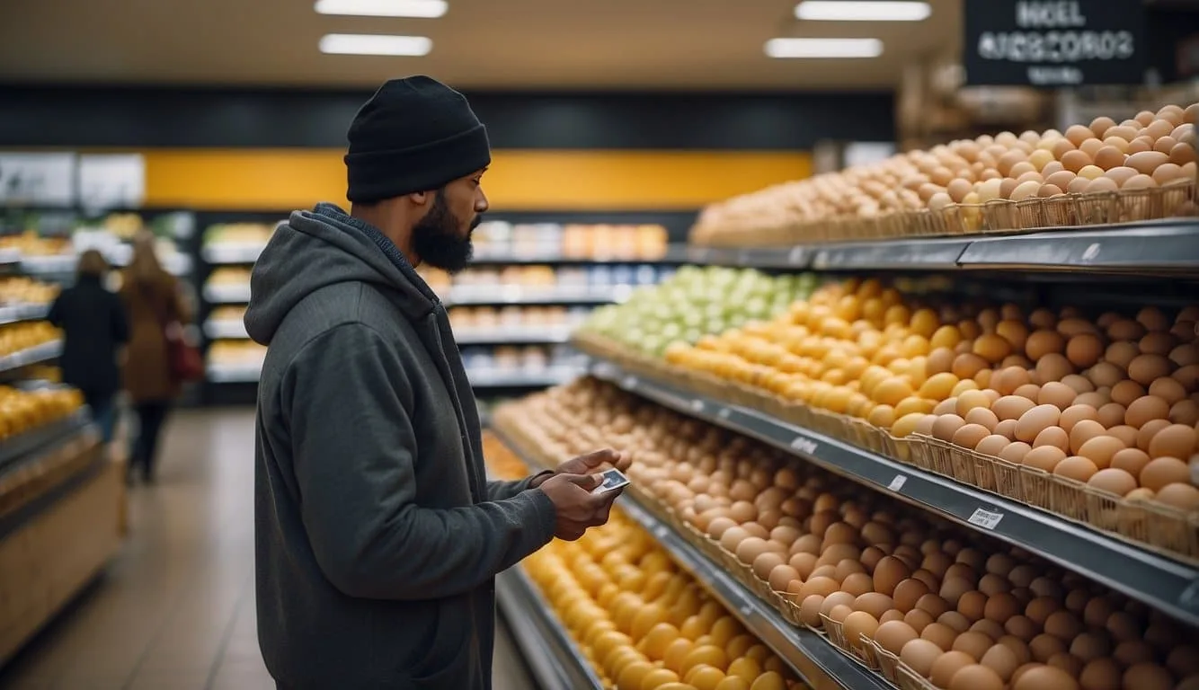 A person standing in front of a grocery store egg section, looking at different cartons with "cage-free" labels and questioning their meaning