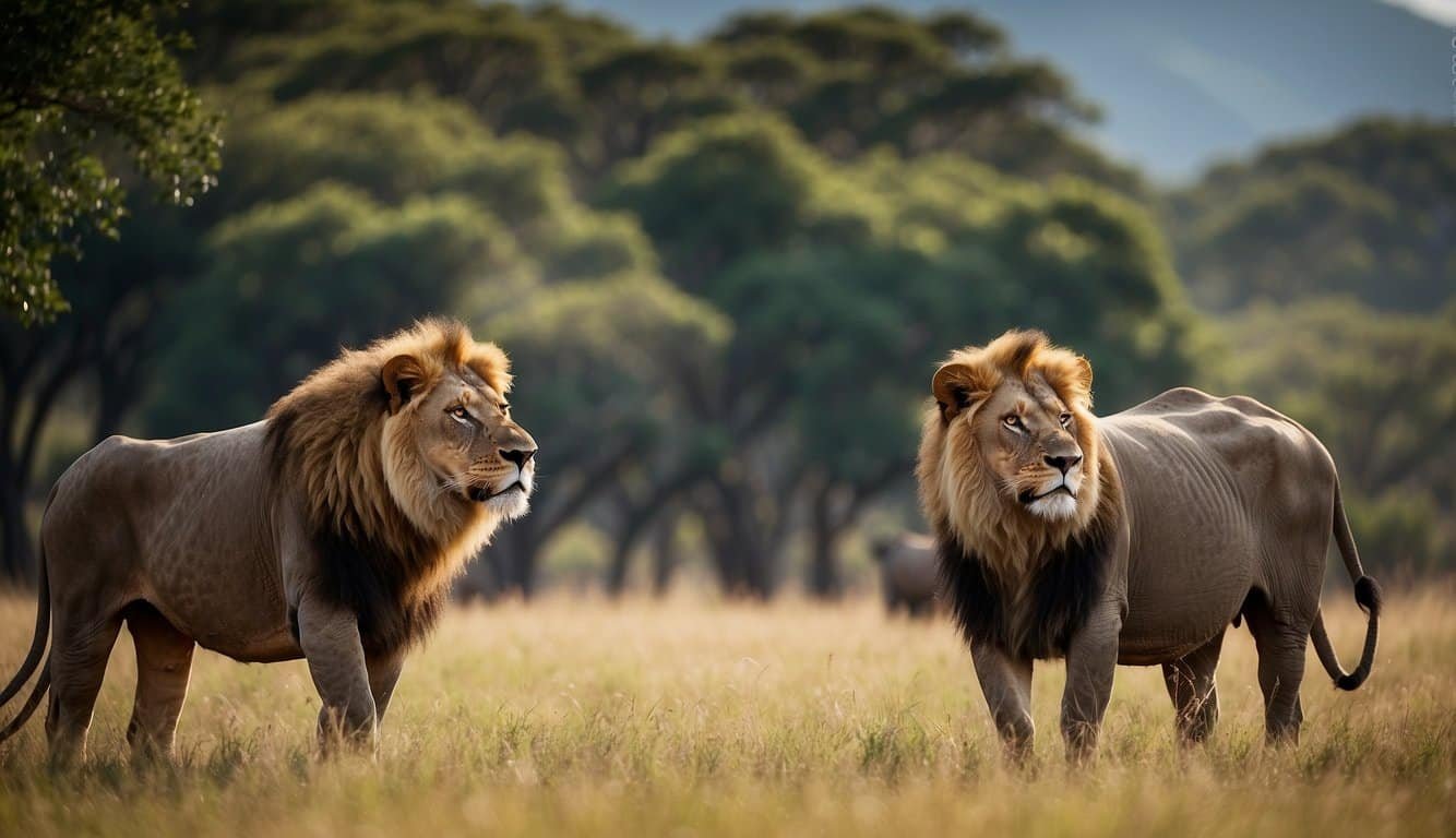 The lion, elephant, buffalo, leopard, and rhinoceros stand tall in the African savanna, surrounded by lush greenery and a vibrant blue sky