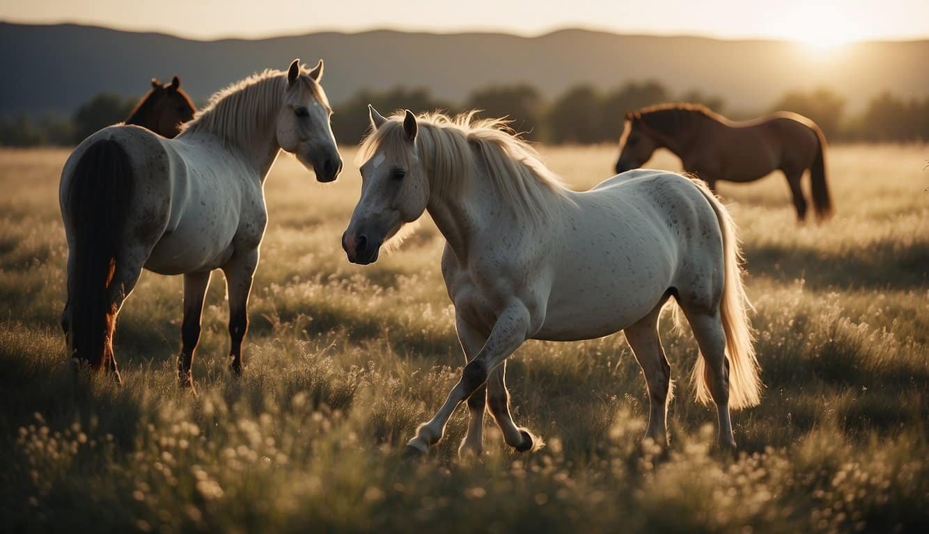 Horses roam grassy plains under a bright sun, their sleek bodies and flowing manes evoking a sense of freedom and wild beauty