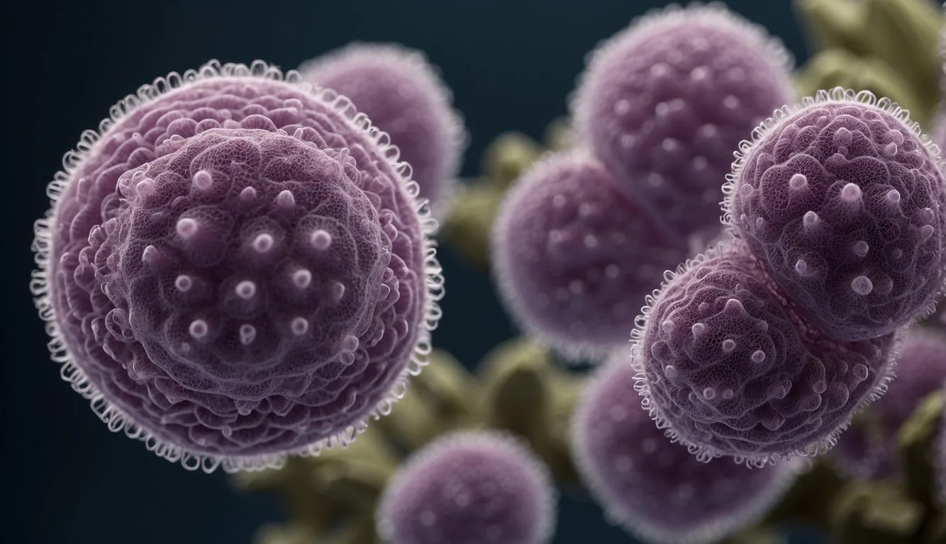 A single-celled organism divides into two identical daughter cells, showcasing a form of asexual reproduction