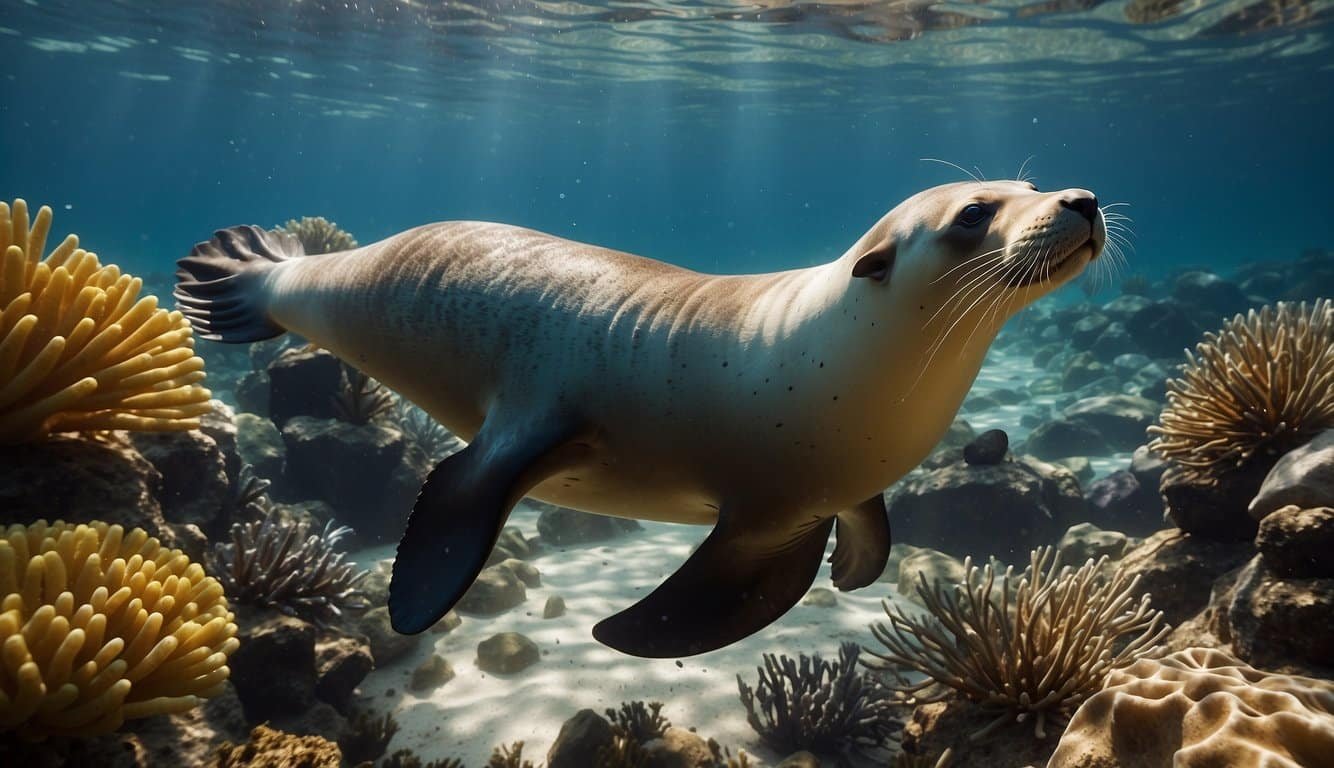 A sea lion swims gracefully among a diverse array of marine life, showcasing the delicate balance of conservation and human interactions in the ocean