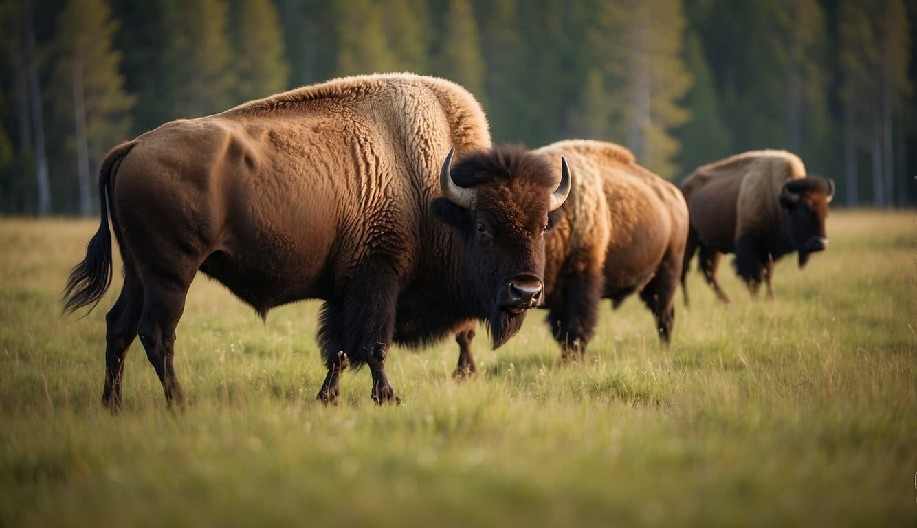 Bison grazing peacefully in a grassy meadow, interacting with each other and conserving their natural environment