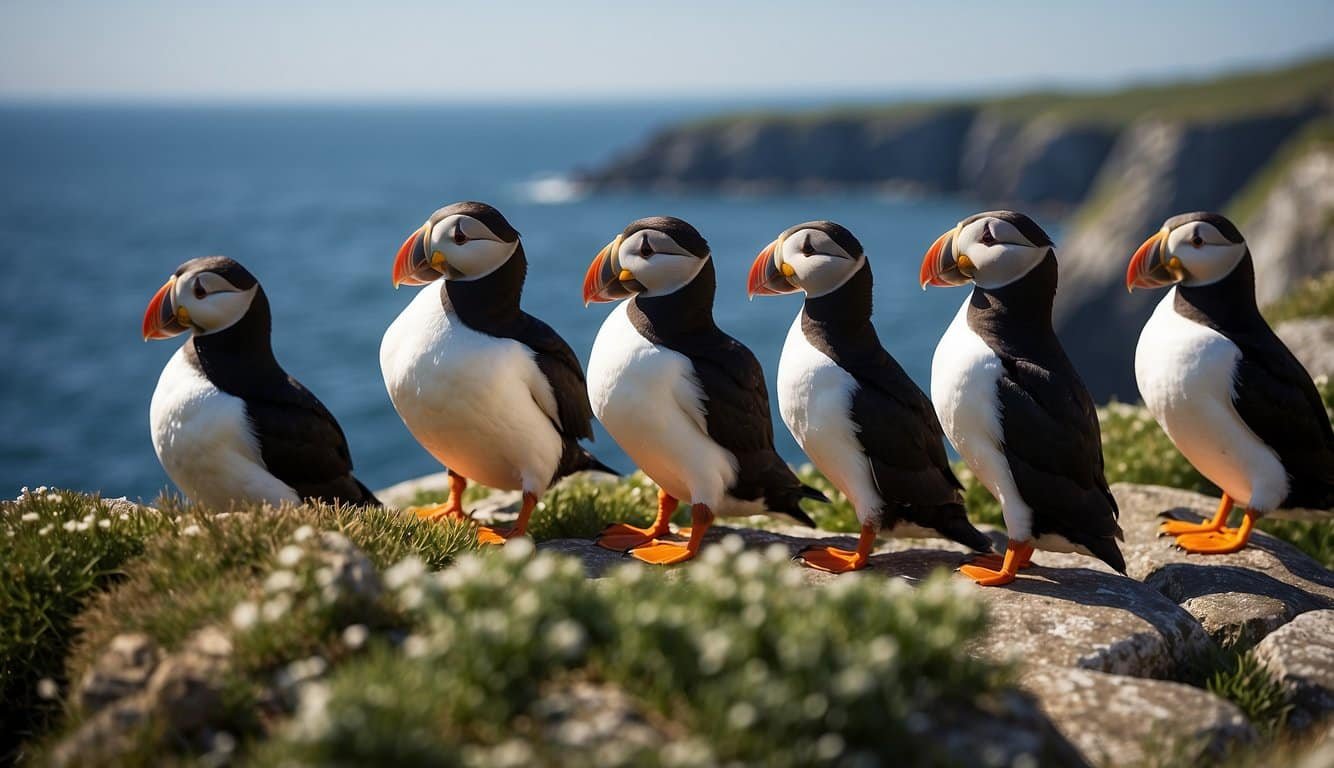 Puffins gather on rocky cliffs, overlooking the vast ocean.</p><p>They nest in burrows and feed on small fish.</p><p>Their distinctive colorful beaks stand out against the blue sea