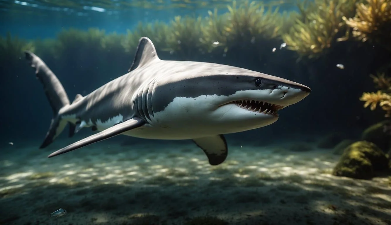 Sharks swim and hunt in a freshwater river, showing territorial behavior and interacting with other fish