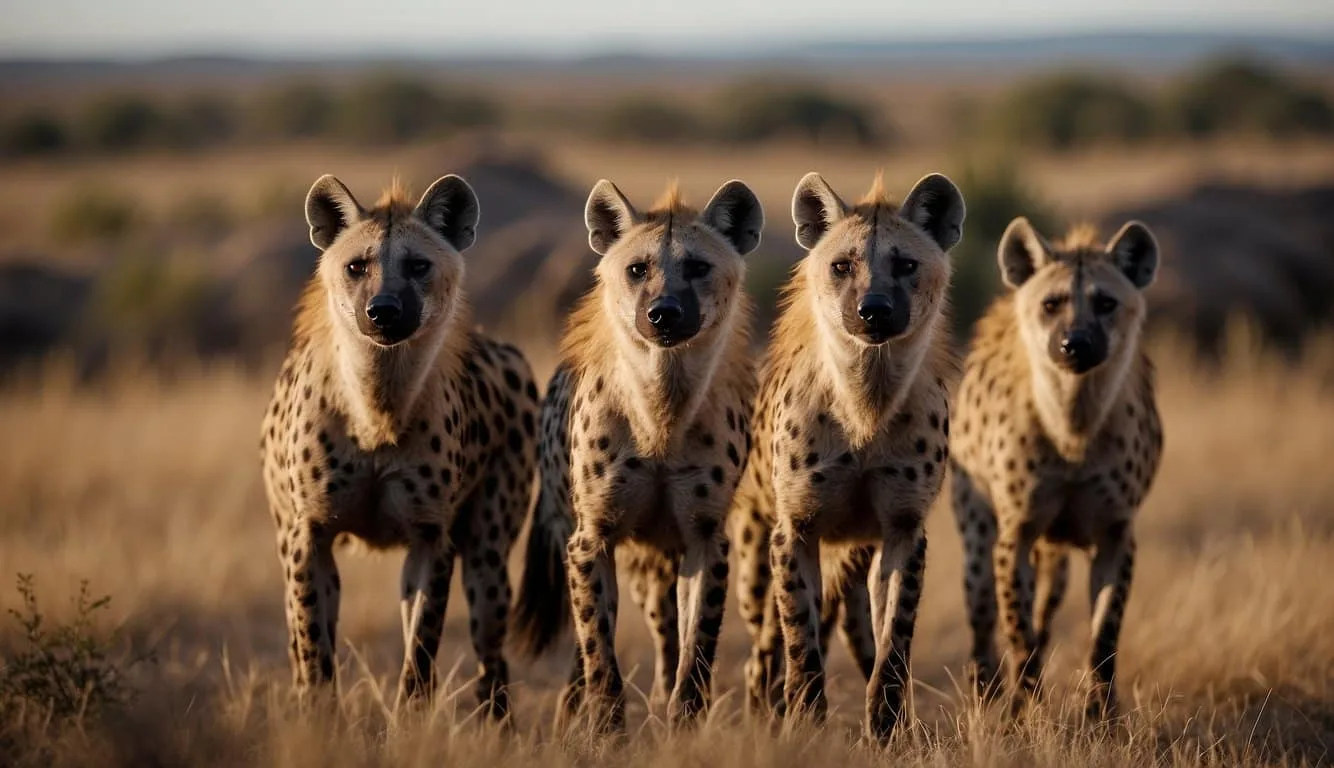 A group of hyenas with mottled fur and powerful jaws, standing alert in the savannah, their sharp eyes scanning the horizon