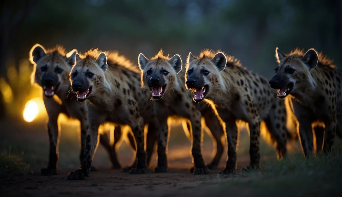 A group of hyenas gather around a fresh kill, their powerful jaws tearing into the flesh. Their spotted fur and sharp teeth are illuminated by the moonlight