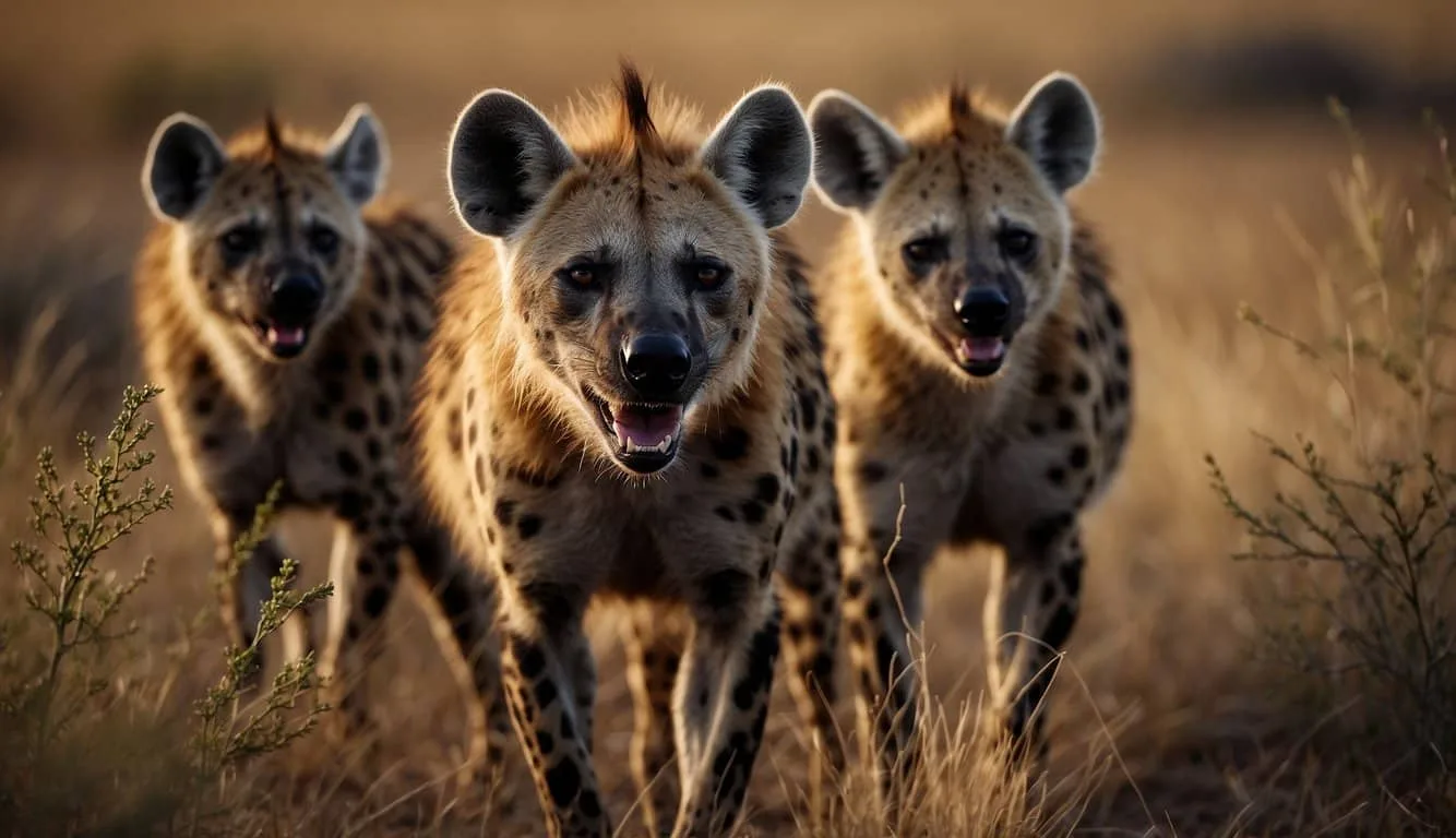 Hyenas roam savanna, with spotted coats, powerful jaws, and distinctive laughs