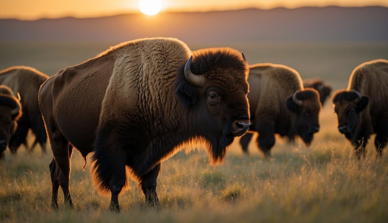 The American bison grazes on the open grassland, surrounded by a herd of fellow bison.</p><p>The sun sets in the background, casting a warm glow over the peaceful scene