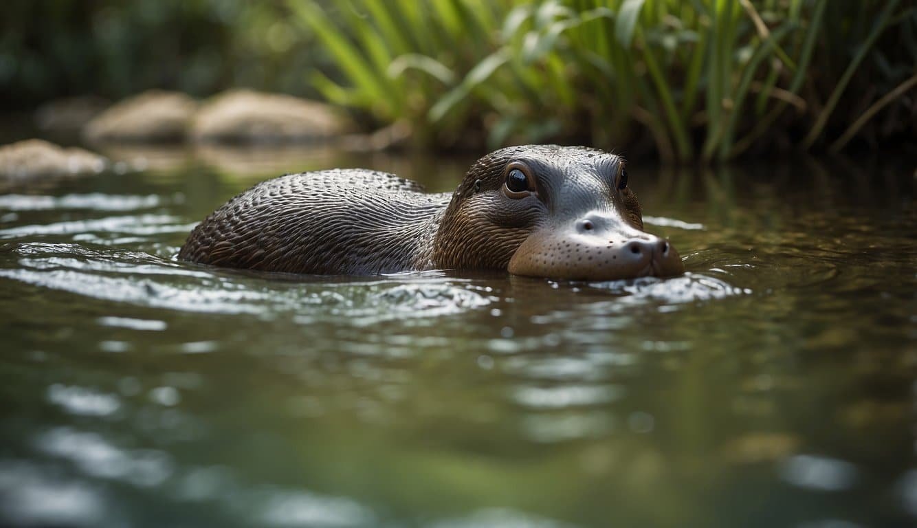 A platypus swims gracefully in a clear stream, surrounded by lush vegetation and gentle sunlight, showcasing the beauty and resilience of this unique species