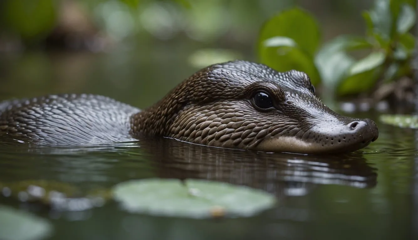 A platypus swims in a clear stream, surrounded by lush vegetation and small insects. It uses its bill to search for food, showcasing its unique biology and ecological role