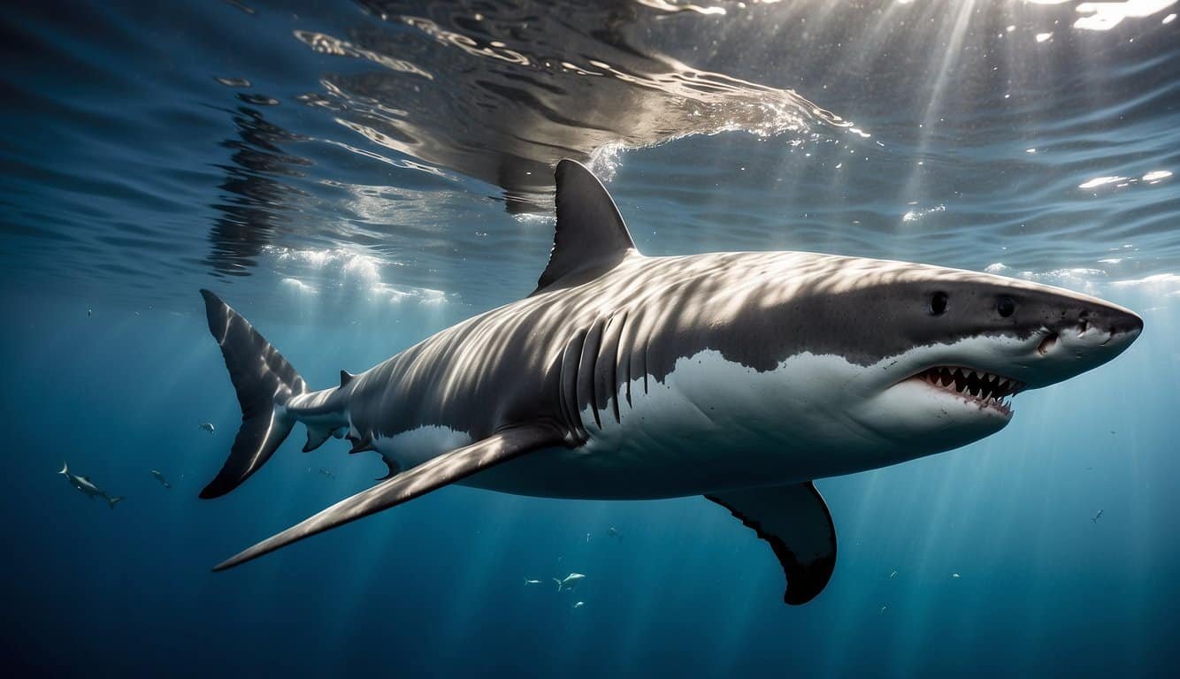 Great white sharks swim in the clear, blue waters of the ocean, surrounded by schools of fish and the occasional seal