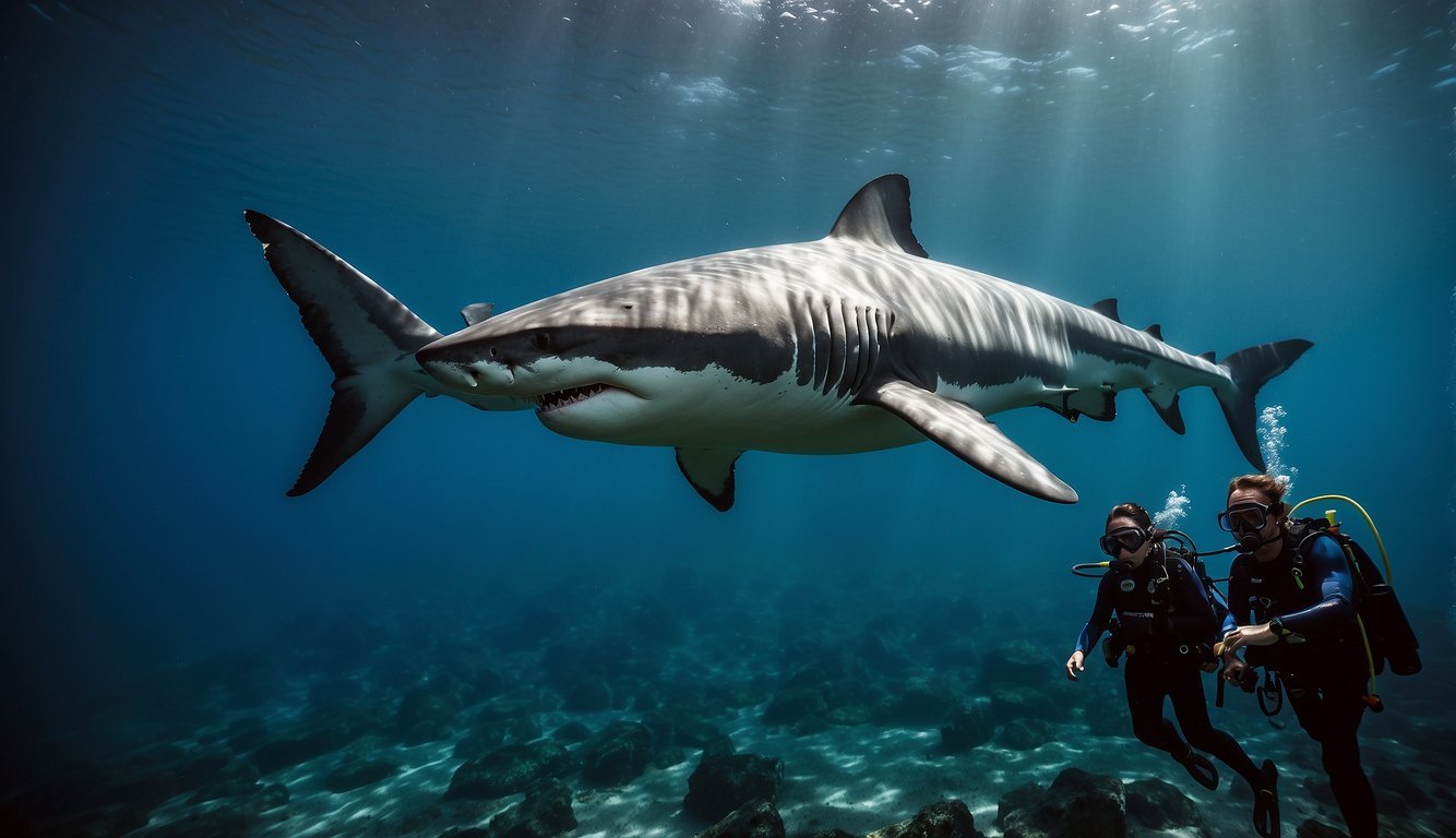 Great white sharks swimming near divers in a conservation area