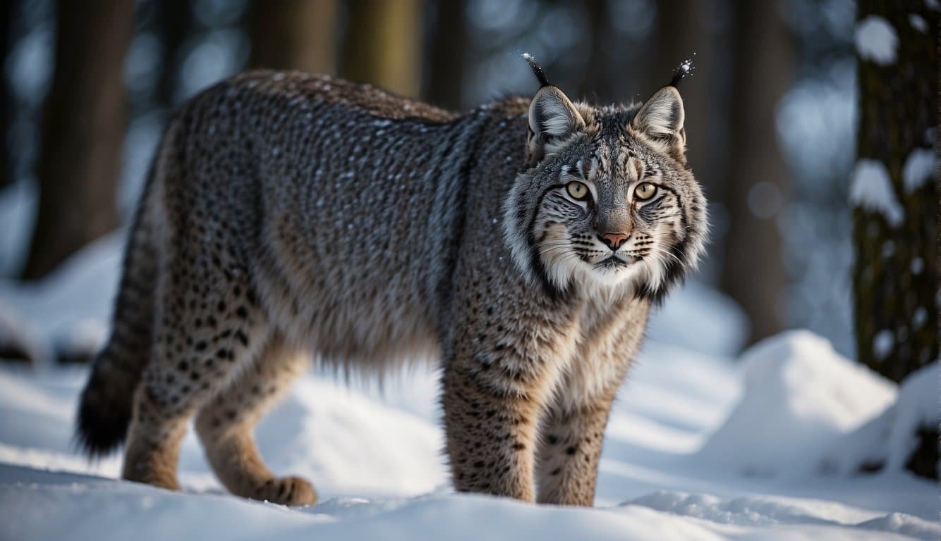 A black Canada lynx stands in a snowy forest, its fur blending into the shadows.</p><p>The lynx's sharp eyes are fixed on its prey, ready to pounce