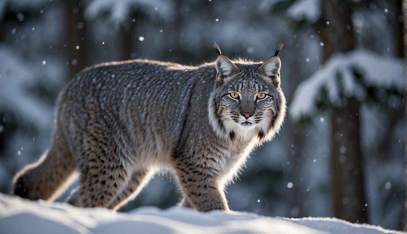 The black Canada lynx prowls through a snowy forest, its tufted ears alert and its thick fur blending seamlessly with the shadows