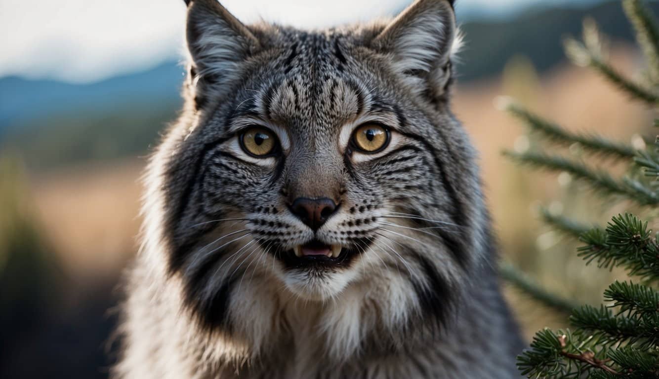 A black Canada lynx cautiously approaches a human, its eyes fixed on the person's movements