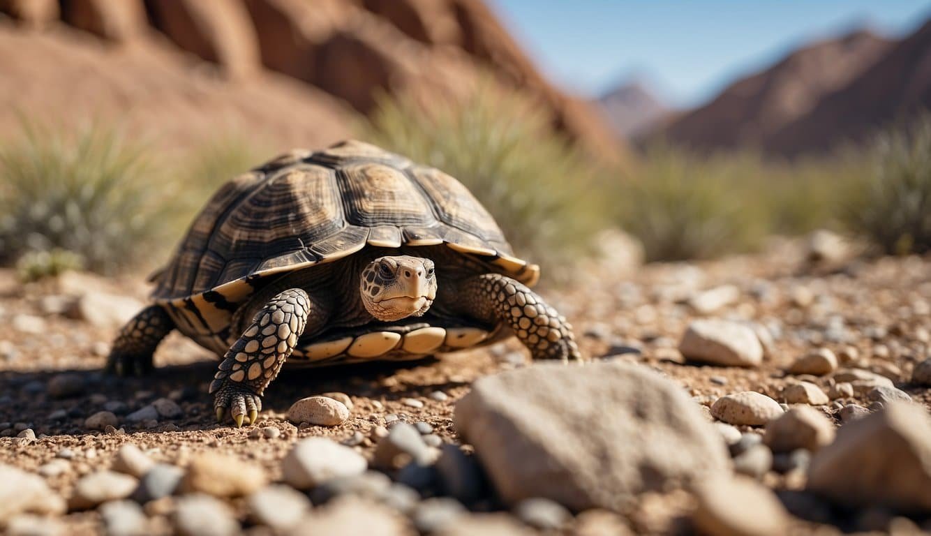 A desert tortoise forages for food among rocky terrain, blending into its surroundings with a mottled shell and slow, deliberate movements