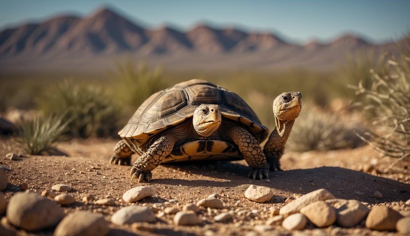 A desert tortoise cautiously wanders through a rocky, arid landscape, while human activity and development loom in the distance, posing a threat to its habitat