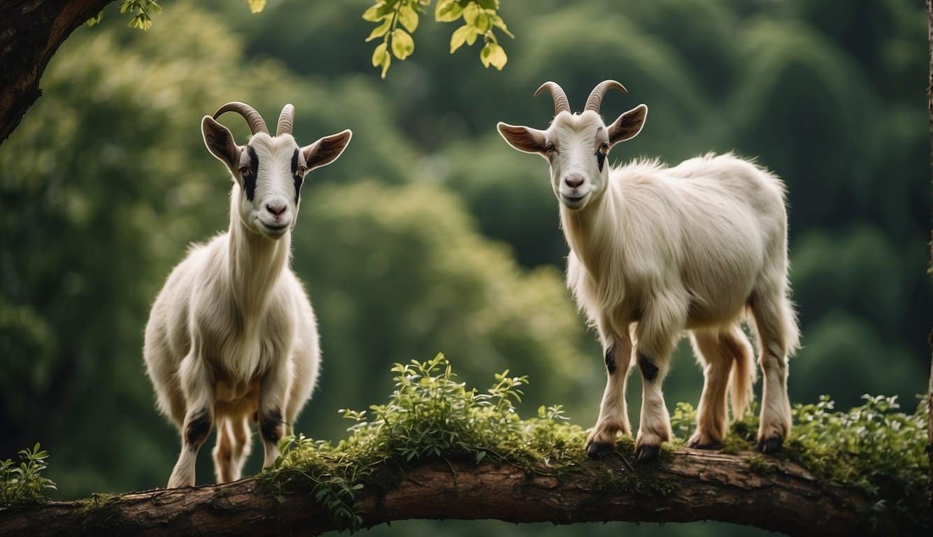 Goats climb and perch on tree branches in a lush, green landscape