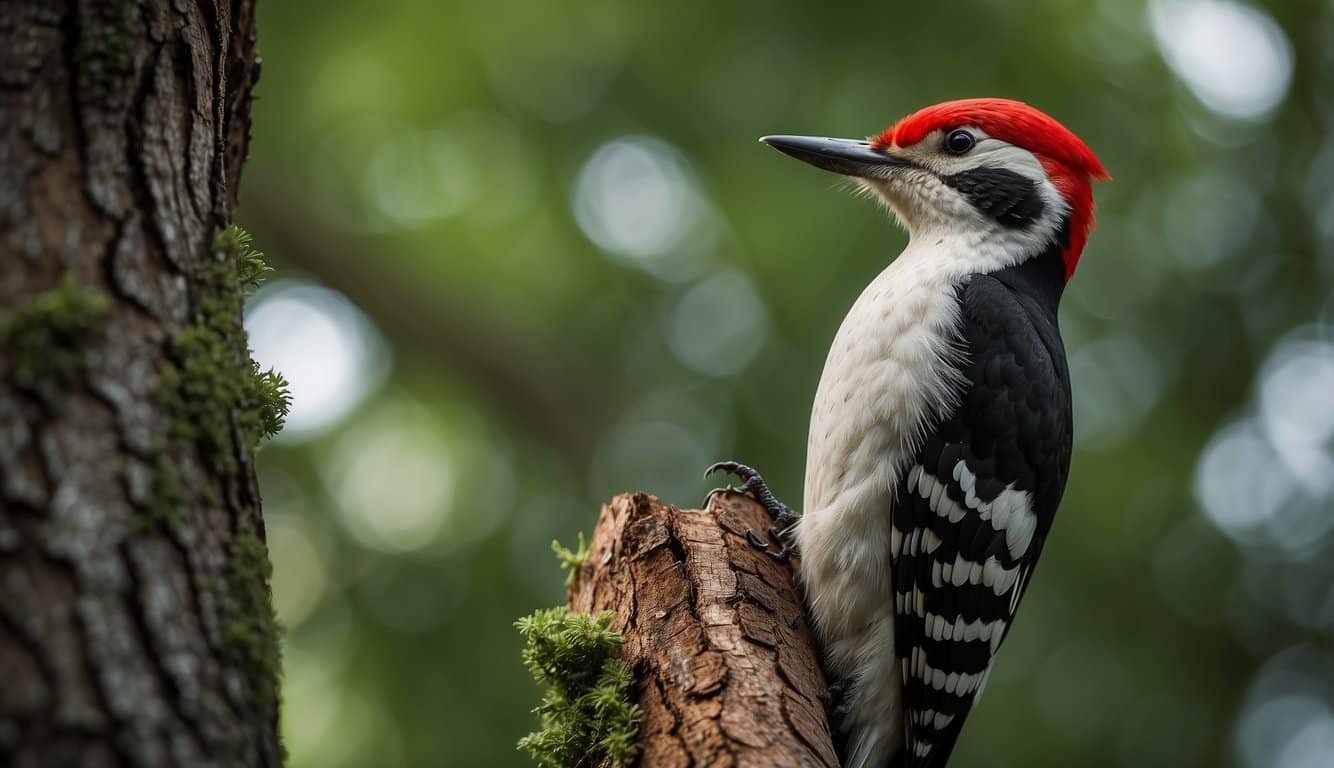 A woodpecker perches on a tree trunk, its vibrant red head and black and white feathers stand out against the green foliage