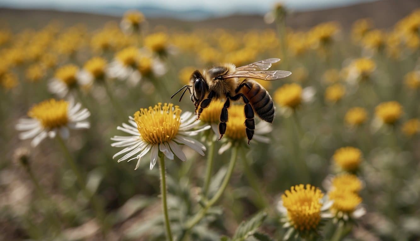 Bees hover over wilting flowers, struggling to pollinate.</p><p>A barren landscape looms in the background, devoid of life