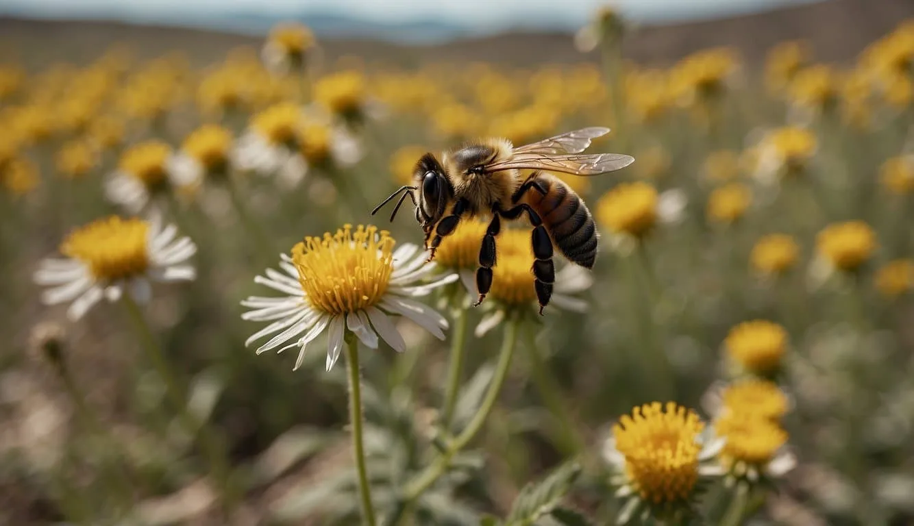 Bees hover over wilting flowers, struggling to pollinate. A barren landscape looms in the background, devoid of life