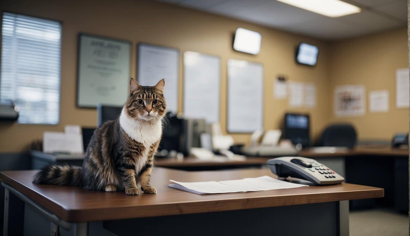 An animal shelter with legal documents on a desk, a hotline phone, and a poster with reporting information on the wall