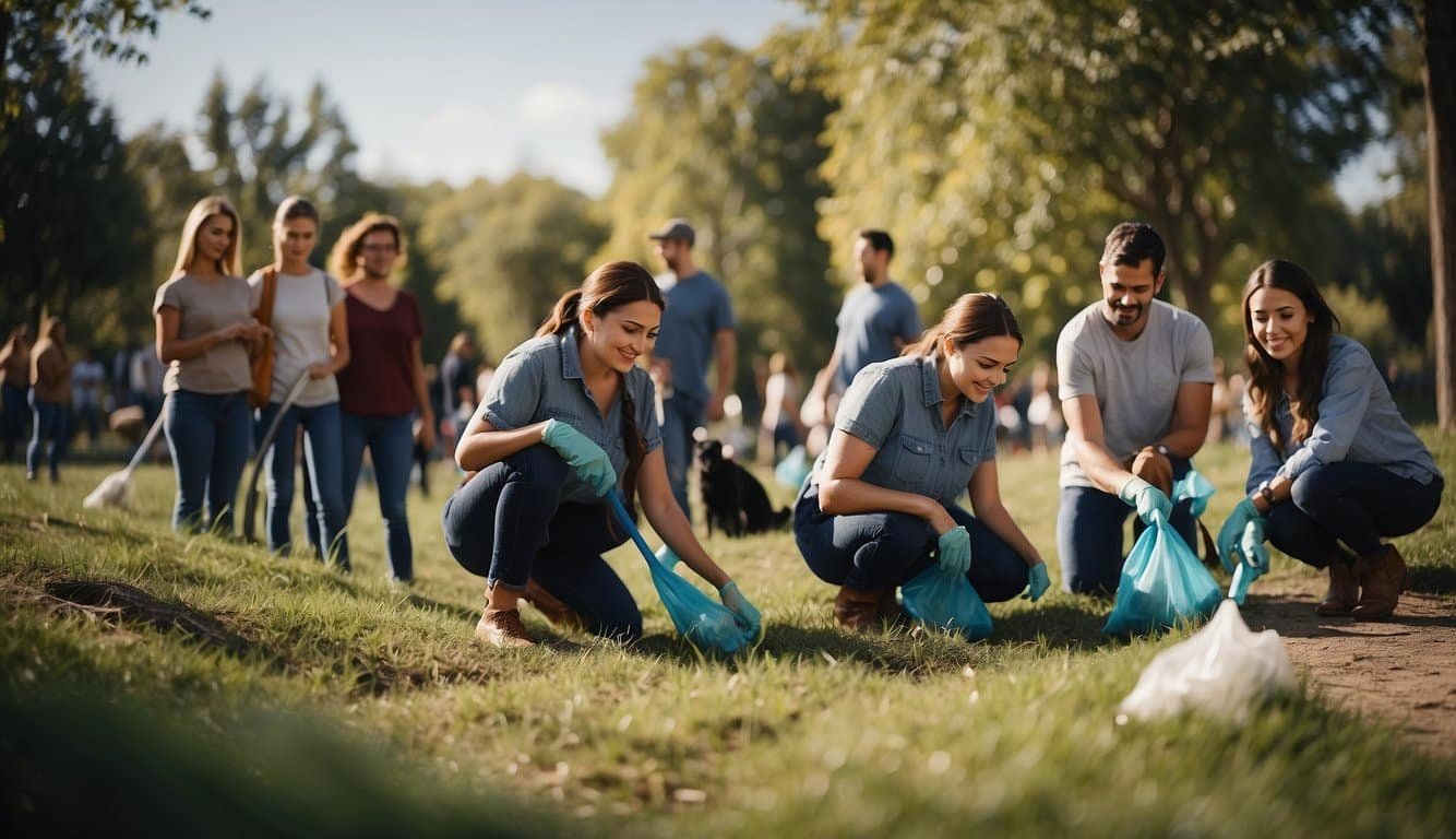 A group of people gather to clean up a park, build animal shelters, and educate the community about animal welfare