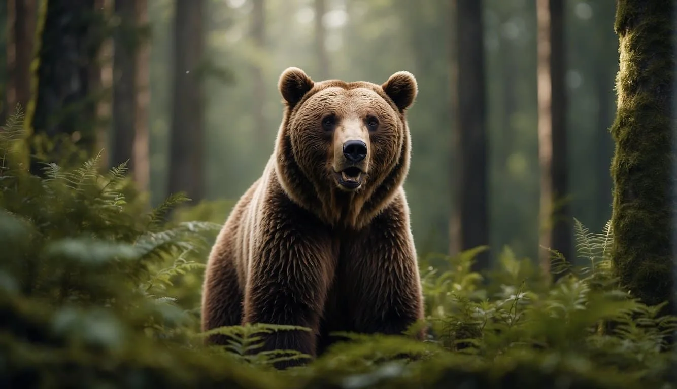 A bear stands in a lush forest, its gallbladder visible inside its body, with bile production occurring in a detailed illustration
