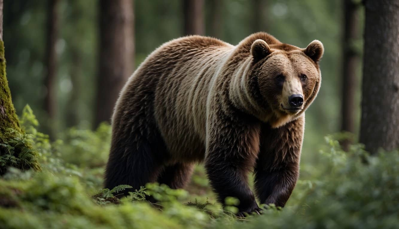 A bear roams freely in a lush forest, its gallbladder untouched and unharmed, symbolizing conservation and ethical concerns