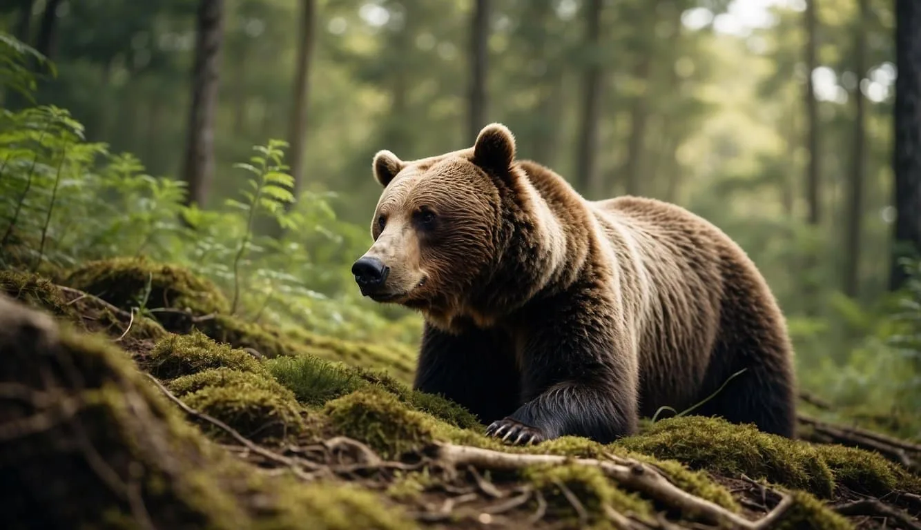 A bear's gallbladder lies on a forest floor, surrounded by various plants. In the distance, a clear blue sky hints at a hopeful future