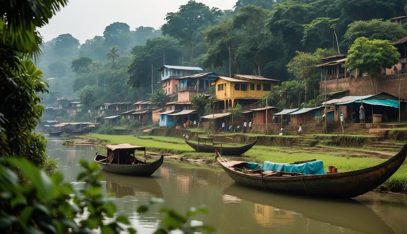 A lush green landscape with rivers flowing through, traditional boats, and colorful houses in Bangladesh