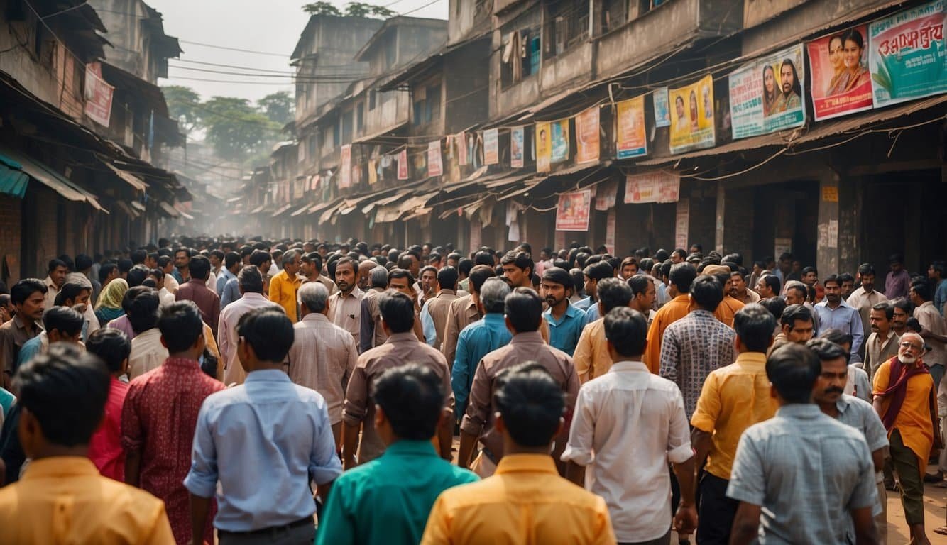 A bustling street in Bangladesh with colorful political posters, people engaged in lively debates, and traditional architecture in the background