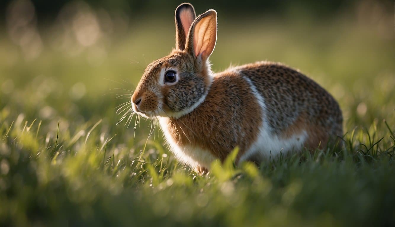 A wild rabbit hops through a grassy field, its ears perked up as it sniffs the air for potential predators