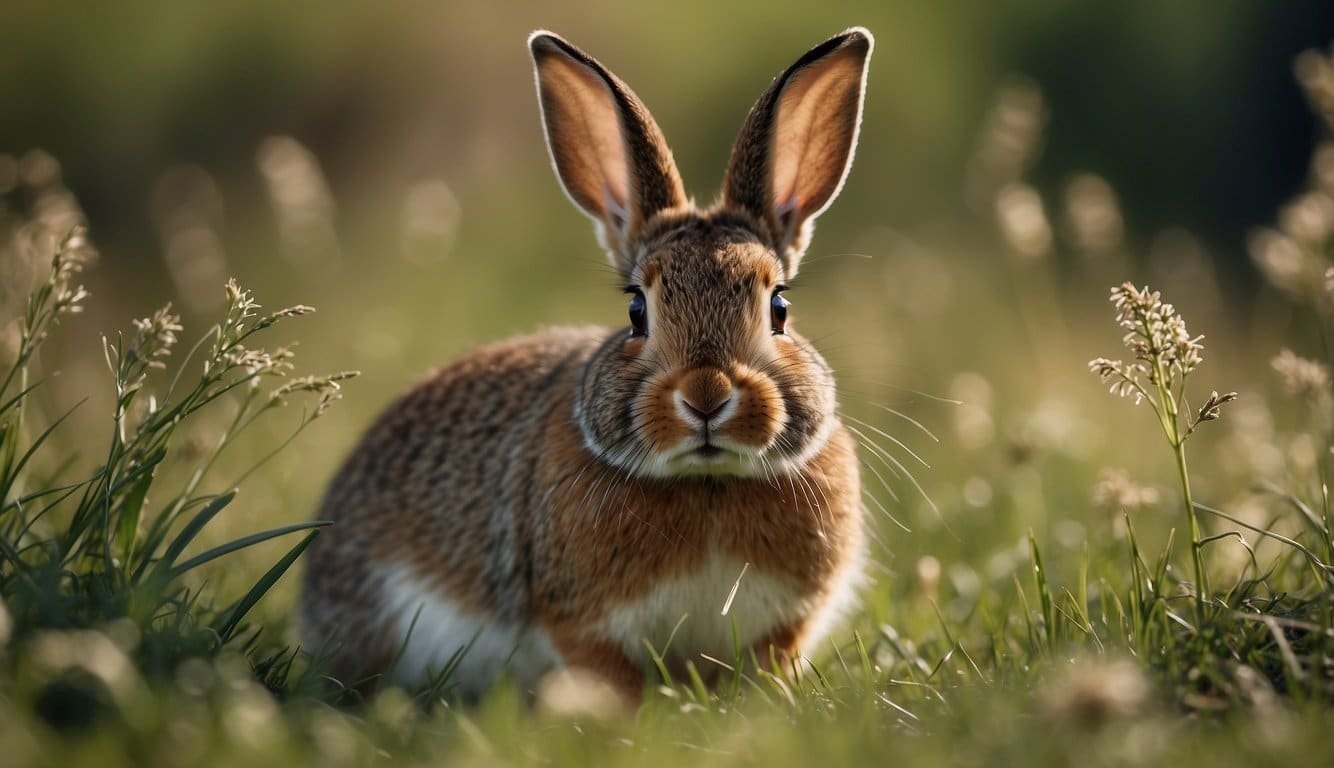 A wild rabbit nibbles on grass in a meadow, its ears perked up, alert for any signs of danger