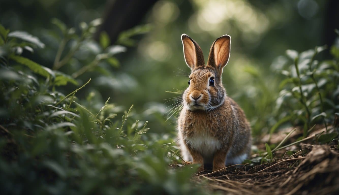 A wild rabbit navigating through dense vegetation, facing natural obstacles and seeking food and shelter