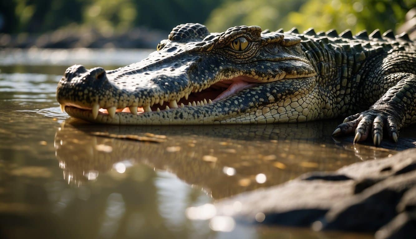 A crocodile basking in the sun near a river, surrounded by lush vegetation and other wildlife.</p><p>It is a powerful and ancient creature, exuding a sense of resilience and longevity