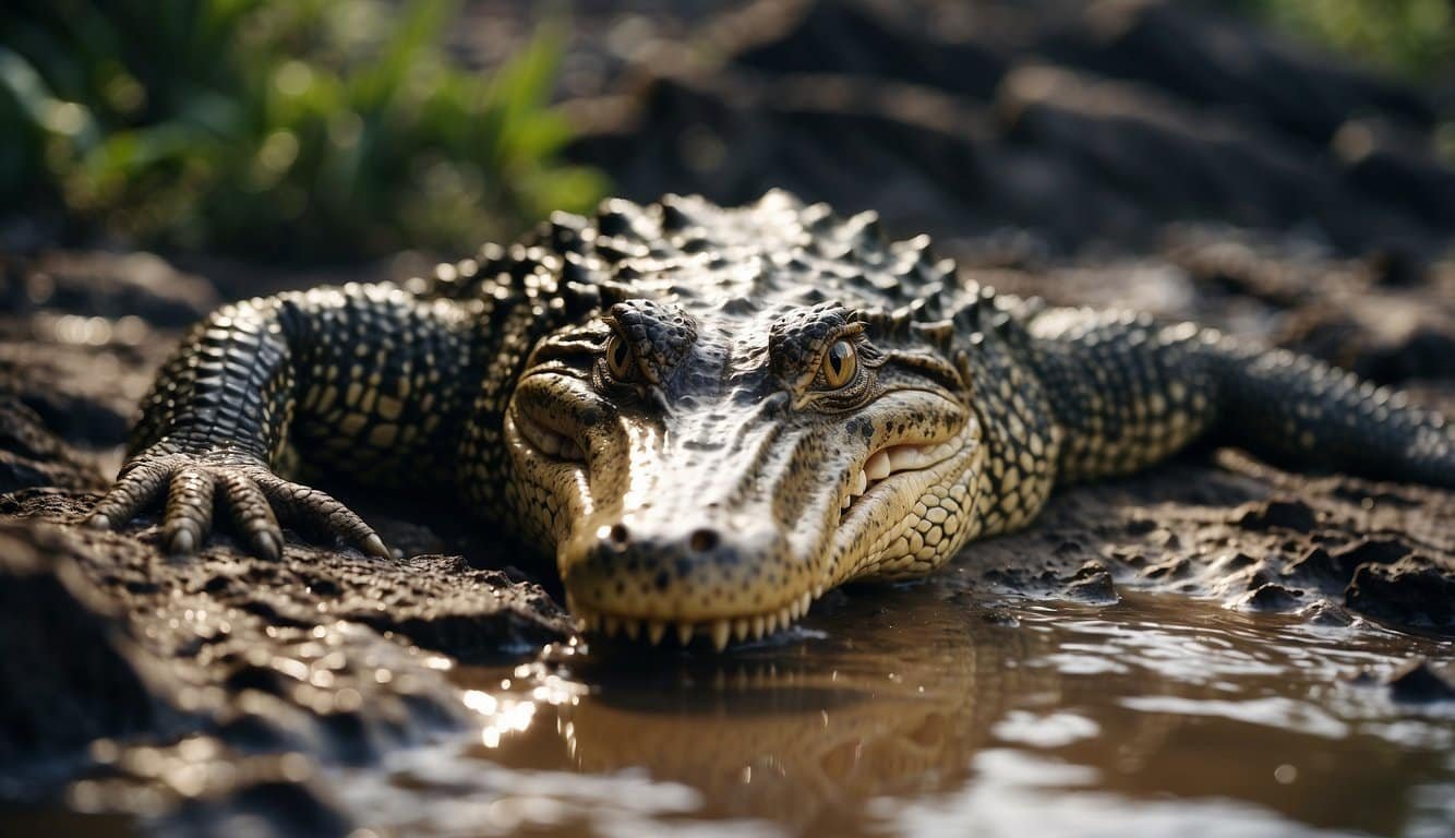 A crocodile basks on a muddy riverbank, surrounded by litter and pollution.</p><p>The water is murky and filled with plastic waste, illustrating the environmental challenges facing these creatures