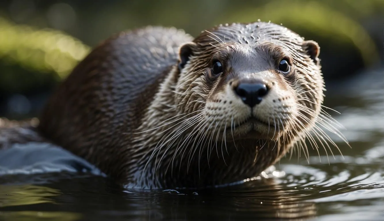 An otter hunts for fish in a clear stream, its sleek body and webbed feet propelling it effortlessly through the water