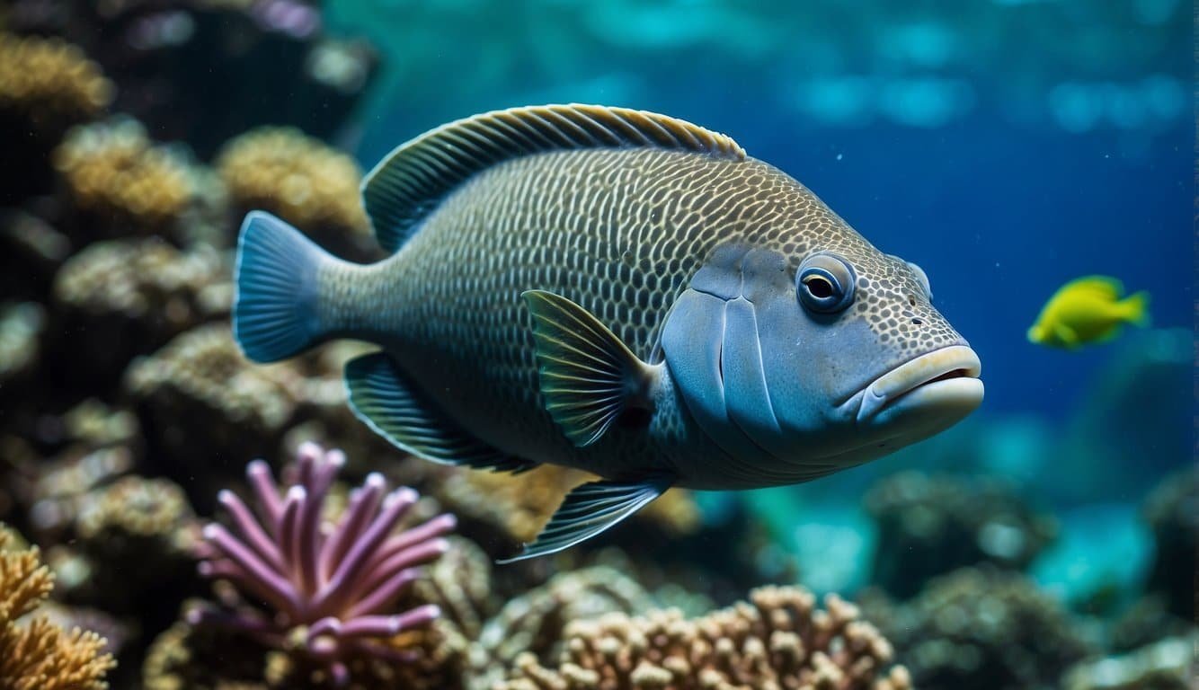 A large napoleon wrasse swims gracefully among colorful coral, displaying its vibrant blue and green scales.</p><p>It moves with purpose, searching for food and interacting with other marine life