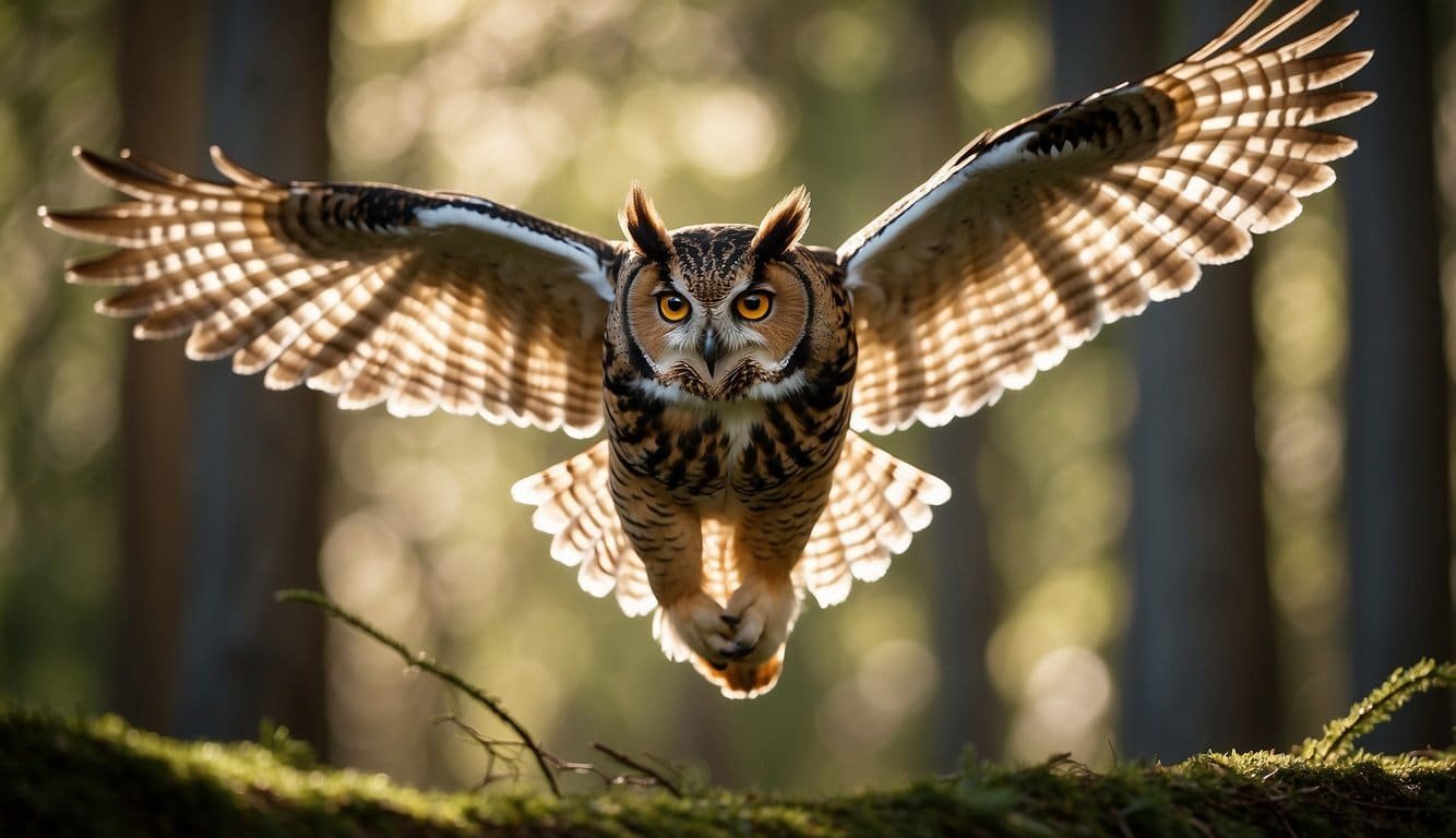 An owl glides through a sunlit forest, its wings outstretched as it hunts for prey during the day