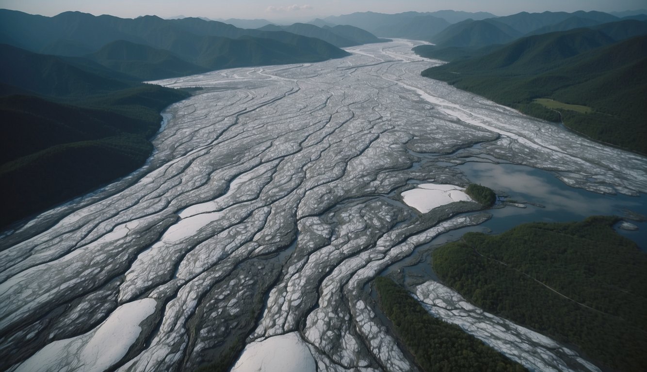 Aerial view of melting glaciers, deforestation, and pollution in urban cities.</p><p>Wildlife struggling in degraded habitats.</p><p>Iconic natural landscapes threatened by human impact