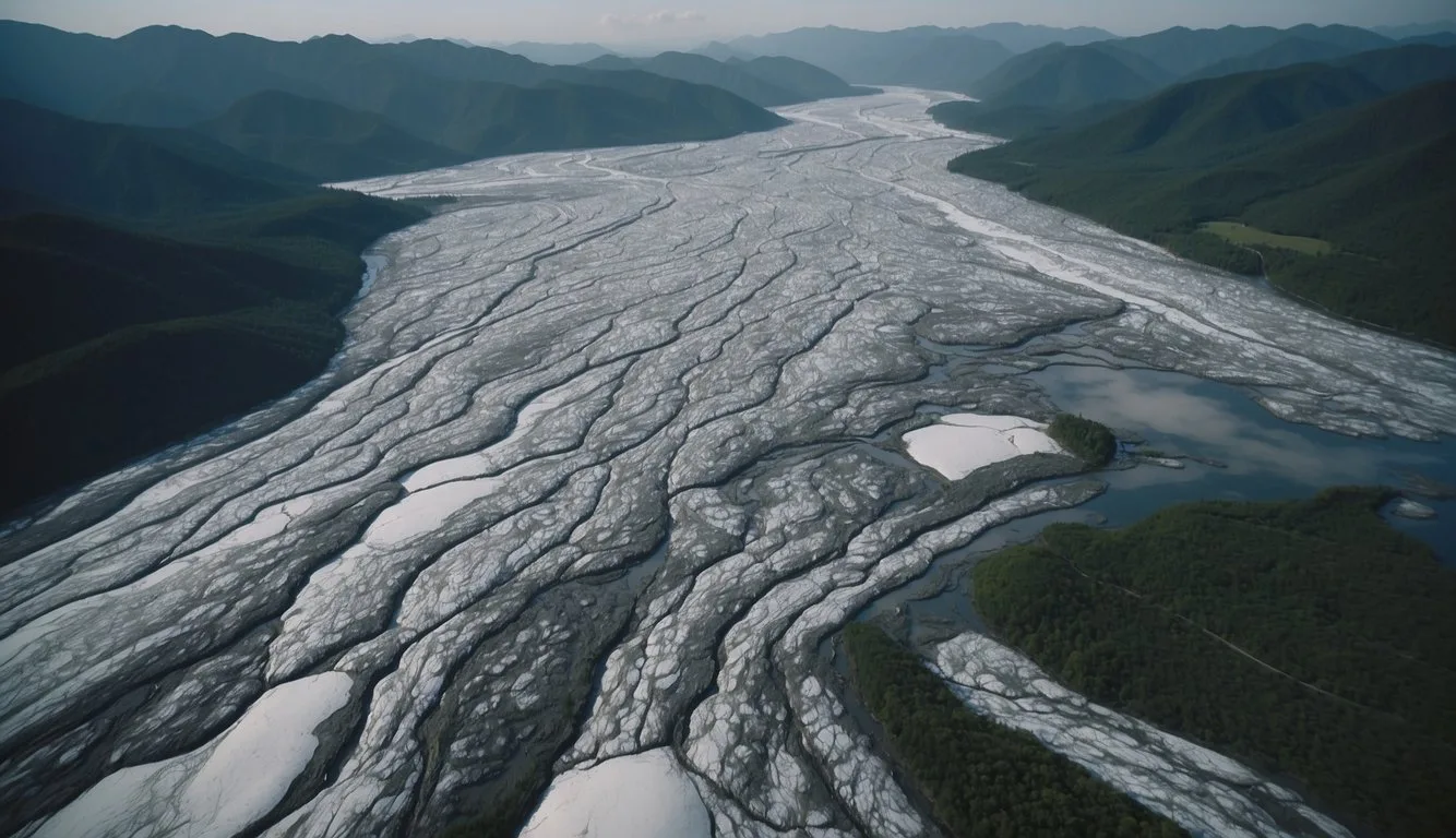 Aerial view of melting glaciers, deforestation, and pollution in urban cities. Wildlife struggling in degraded habitats. Iconic natural landscapes threatened by human impact