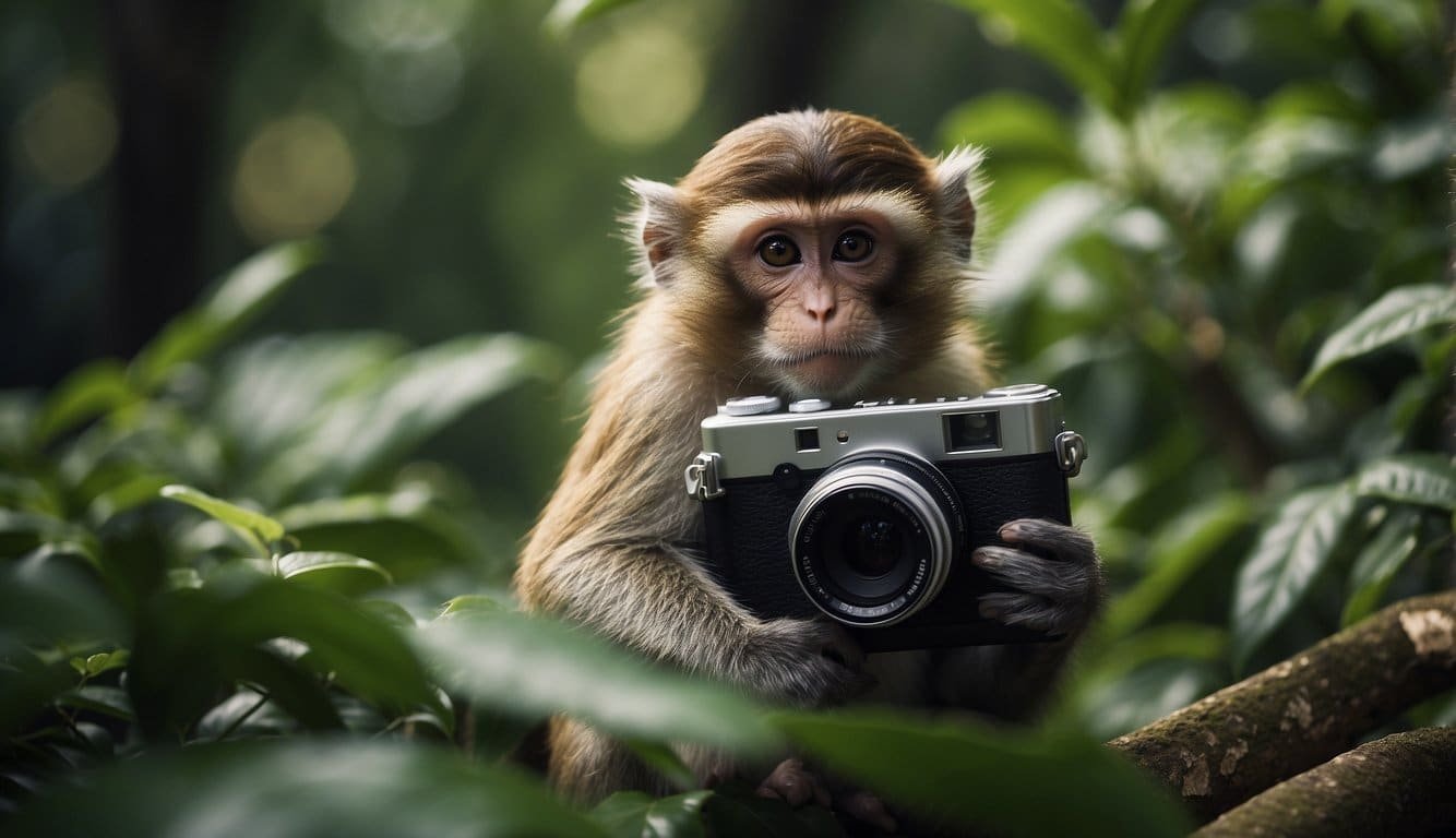 A monkey holding a camera, surrounded by lush greenery, with other curious monkeys looking on