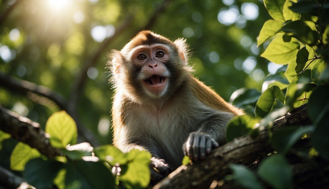 Monkey in tree, surrounded by lush foliage.</p><p>Playful expression, reaching out towards camera.</p><p>Sunshine filtering through leaves