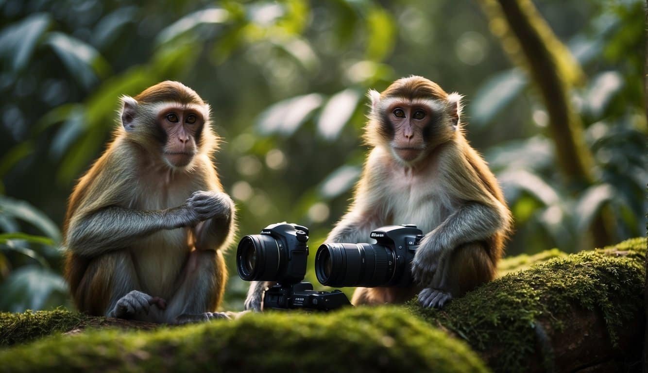 Monkeys sharing and managing photos in a lush jungle setting