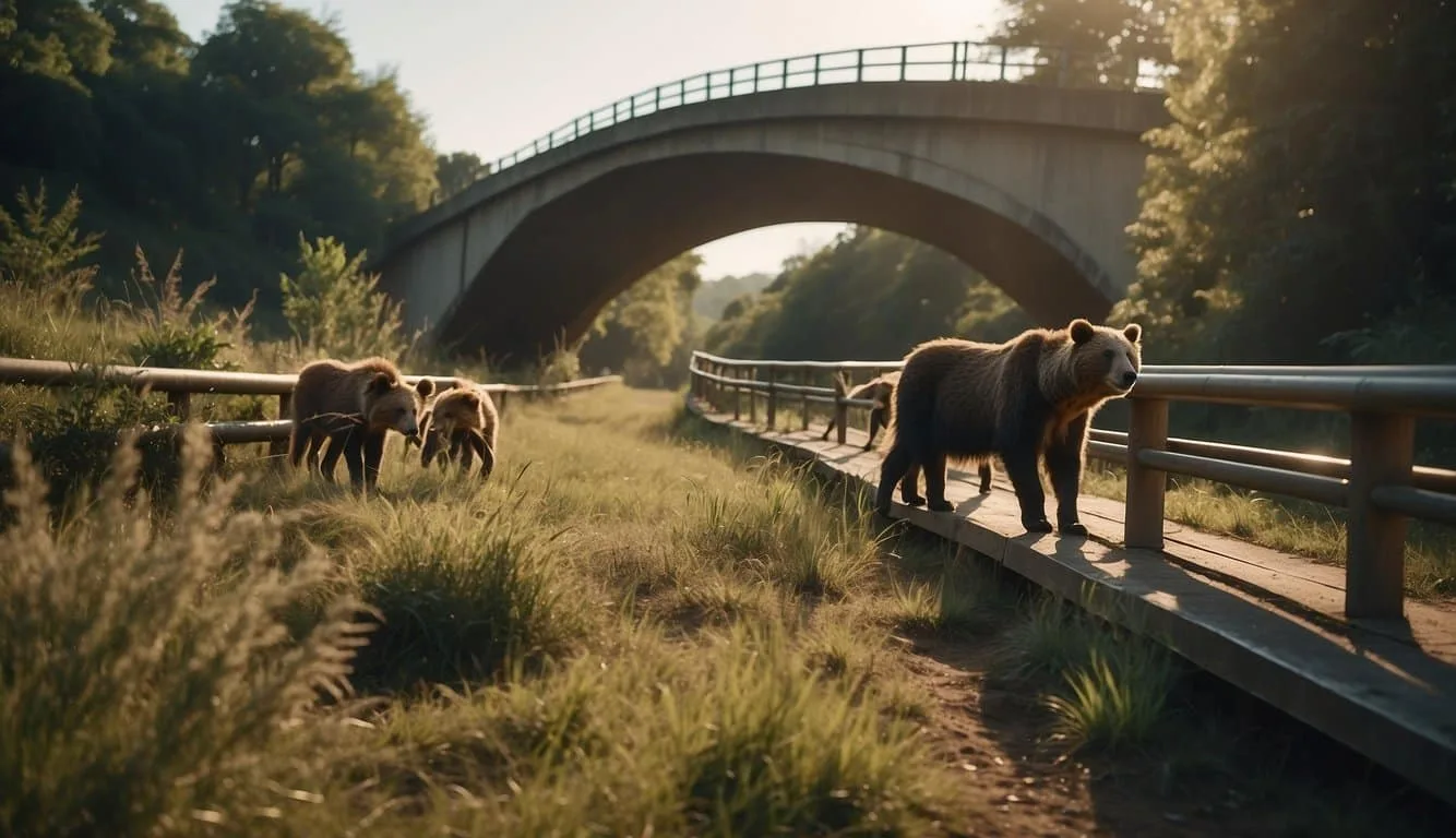 Animals crossing a grassy road under an elevated wildlife bridge
